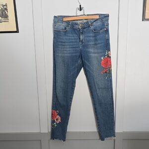 Zara Blue Jeans with Red Floral Embroidery